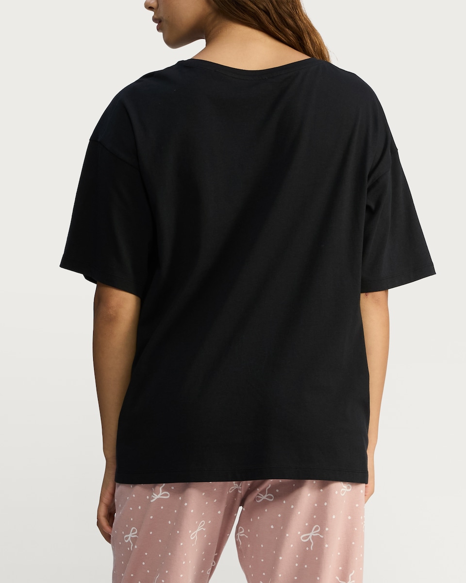 image 1 of F&F Pure Cotton Bow Print Short Sleeved Pyjama Top in Black