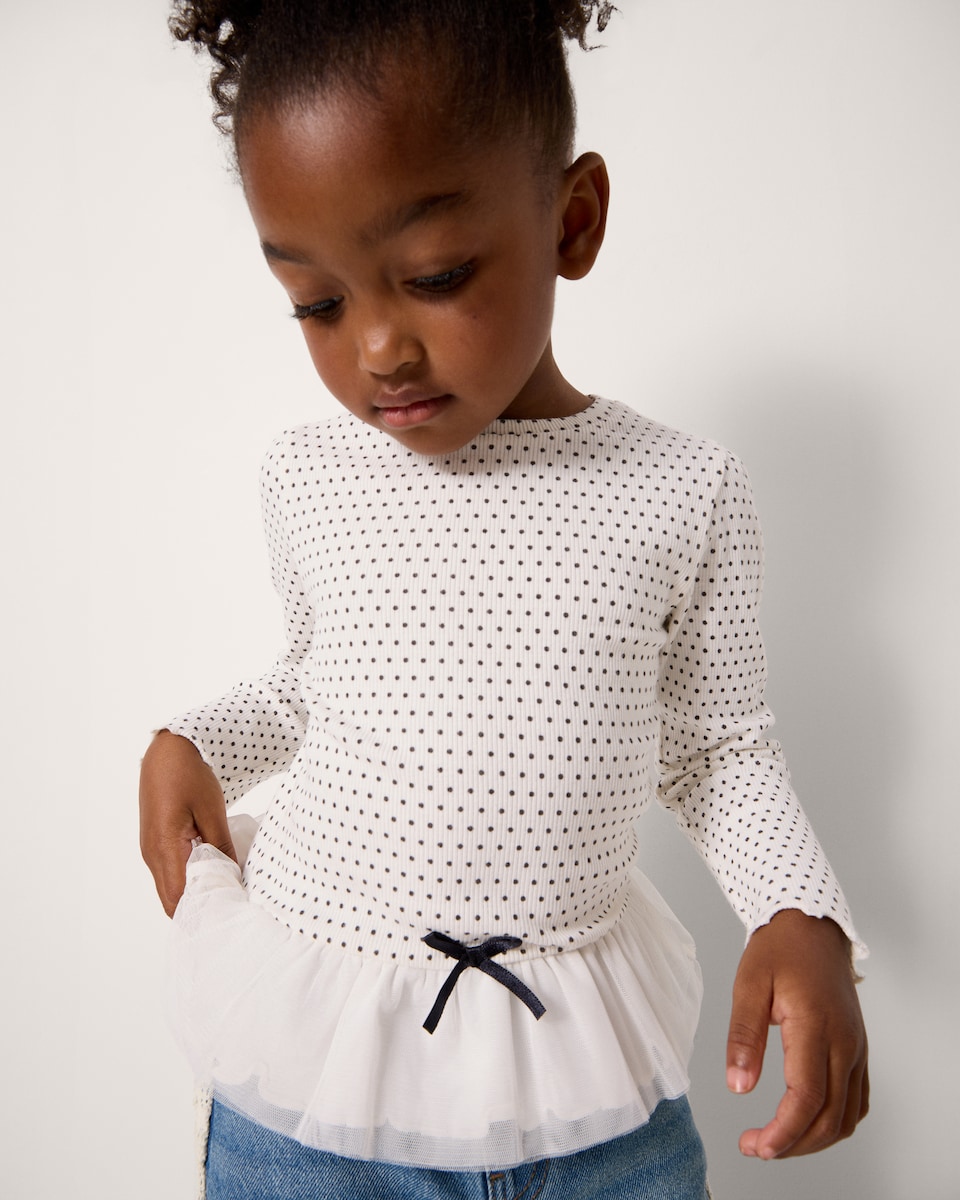image 1 of F&F Girls Cotton Rich Polka Dot Peplum Top in Multi Black White