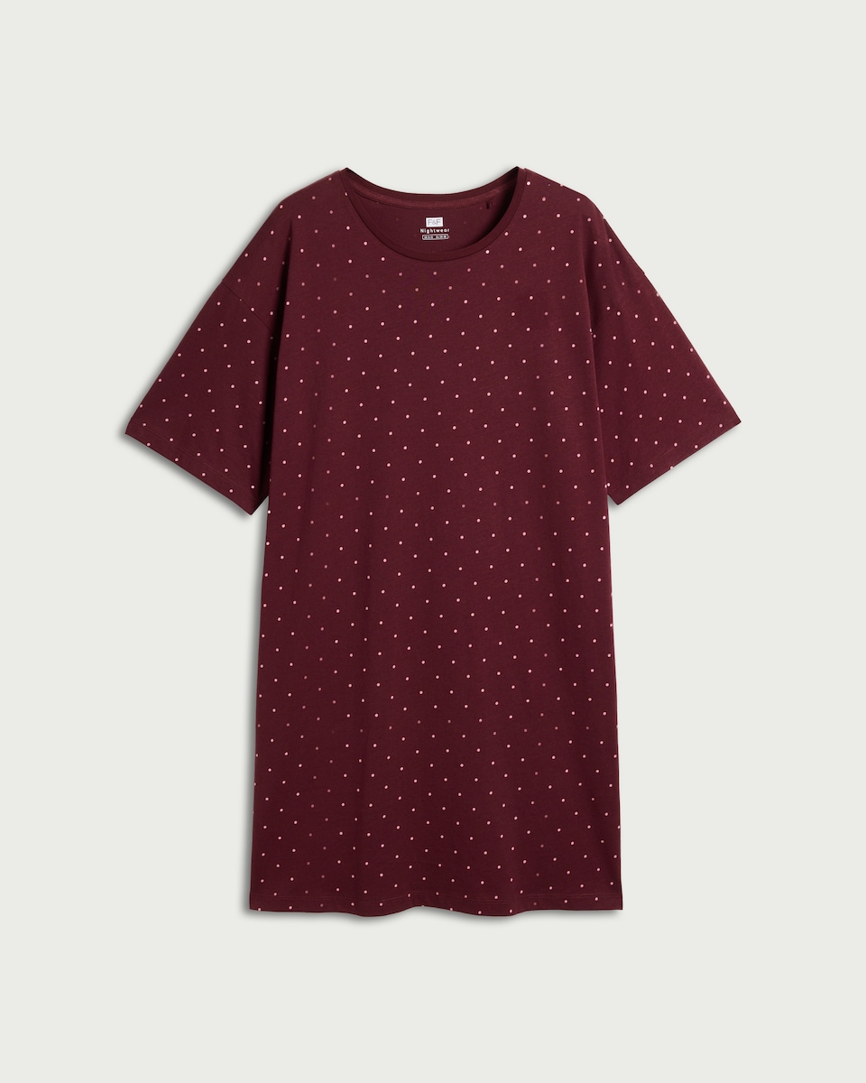 image 1 of F&F Pure Cotton Polka Dot Nightdress in Burgundy