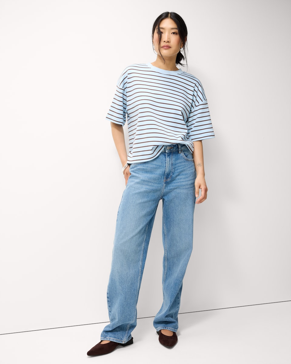 image 1 of F&F Pure Cotton Striped Boxy T-Shirt in Multi Blue