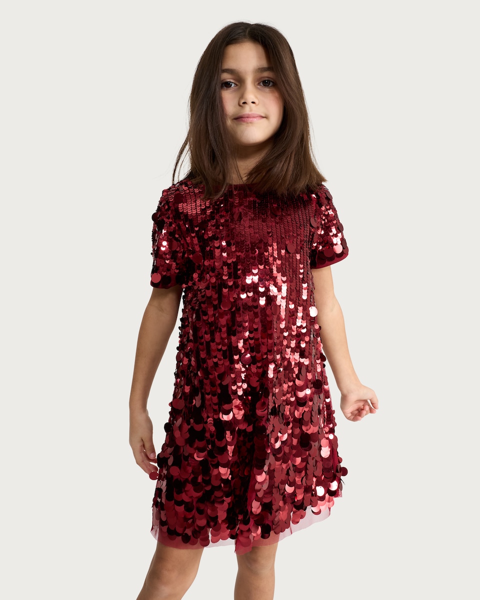 image 1 of F&F Girls Sequin Embellished Short Sleeved Dress in Burgundy