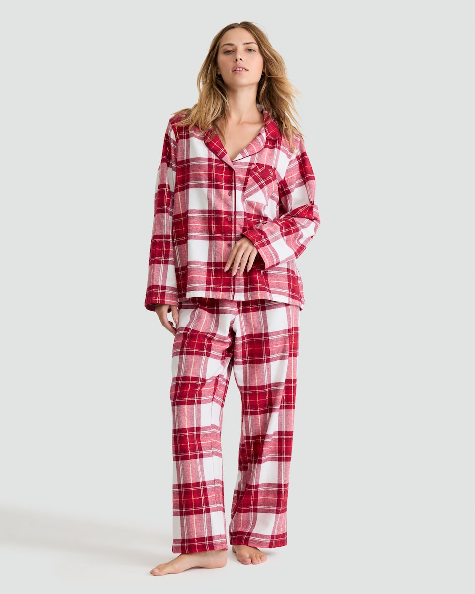 image 1 of F&F Cotton Rich Check Print Revere Shirt and Trousers Pyjama Set in Red