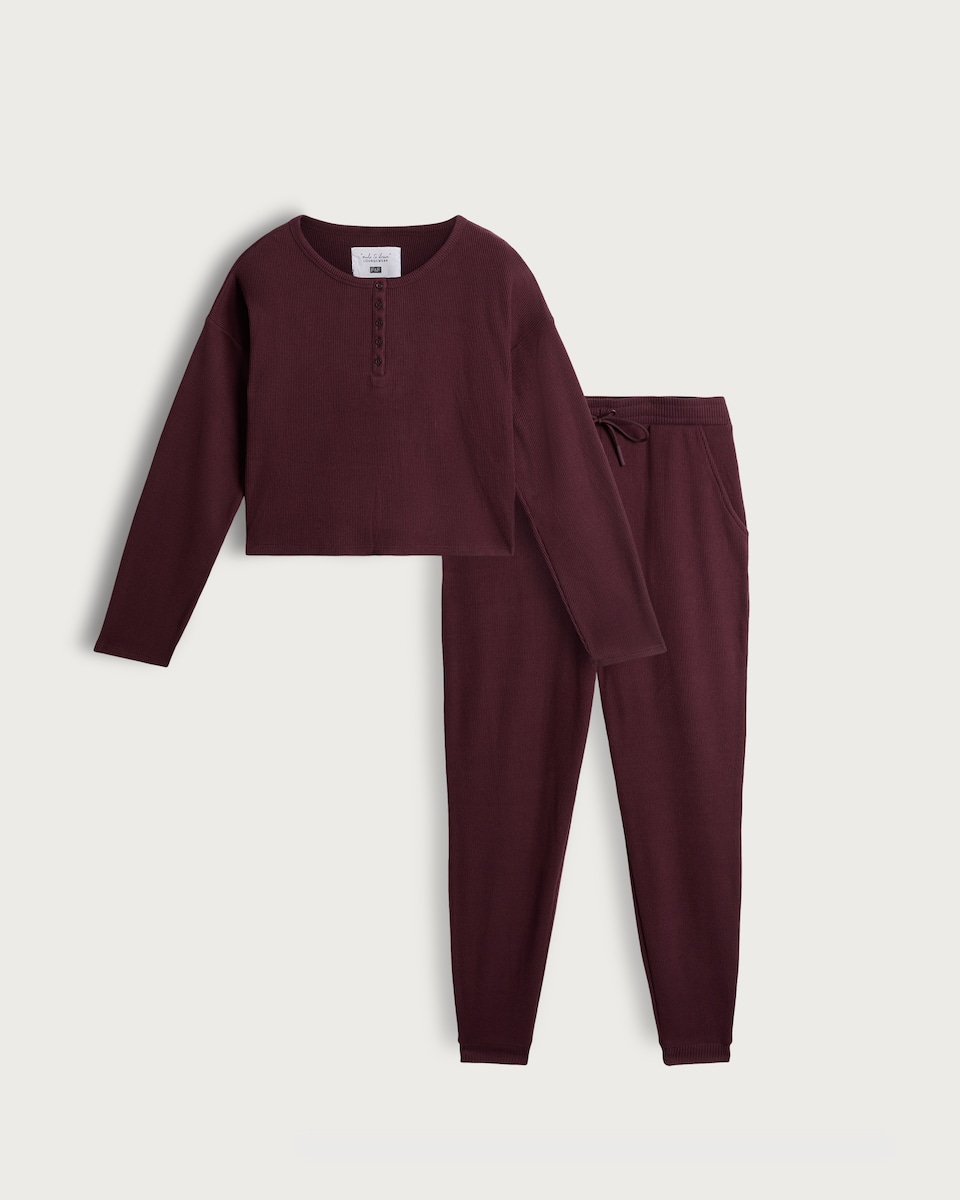 image 1 of F&F Waffle Henley Long Sleeved Pyjama Set in Purple
