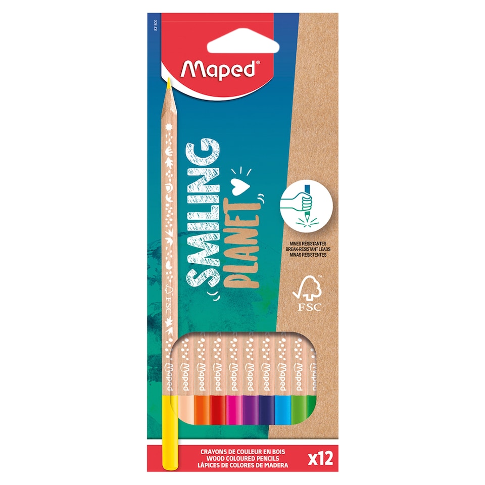 Maped Smiling Planet FSC Triangular Coloured Pencil Set, 12 Different Colours