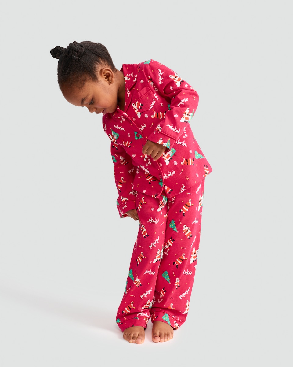 image 1 of F&F Girls 2-Piece Pure Cotton Santa Print Revere Shirt and Trousers Pyjamas Set in Multi
