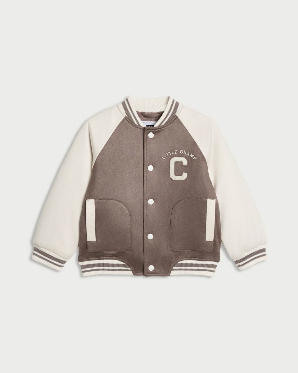 image 1 of F&F Boys Faux Suede Varsity Jacket in Brown