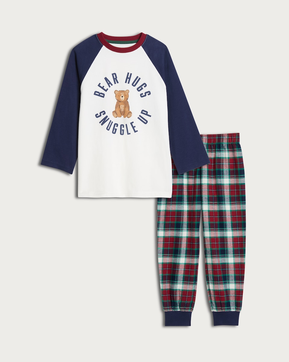 image 1 of F&F Pure Cotton Bear Hugs Top and Bottoms Pyjama Set in Multi
