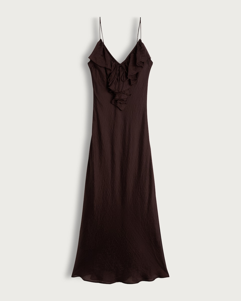 image 1 of F&F V Neck Ruffle Front Strappy Midi Dress in Brown
