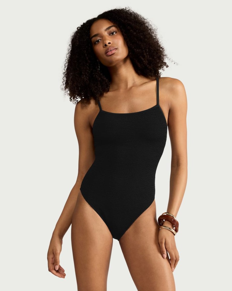 image 1 of F&F Crinkle Textured Thin Strap Swimsuit in Black