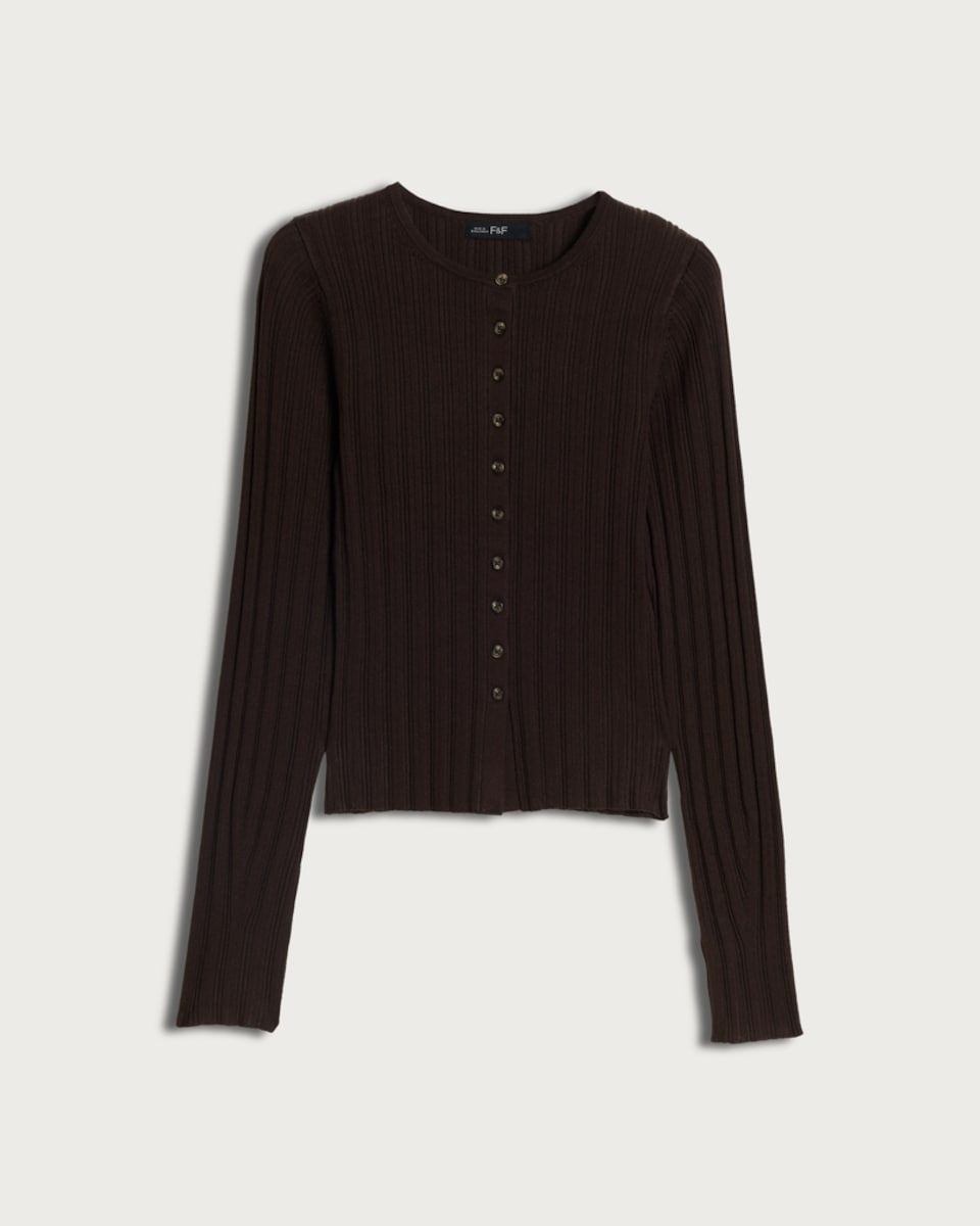 image 1 of F&F Ribbed Button Up Cardigan in Chocolate