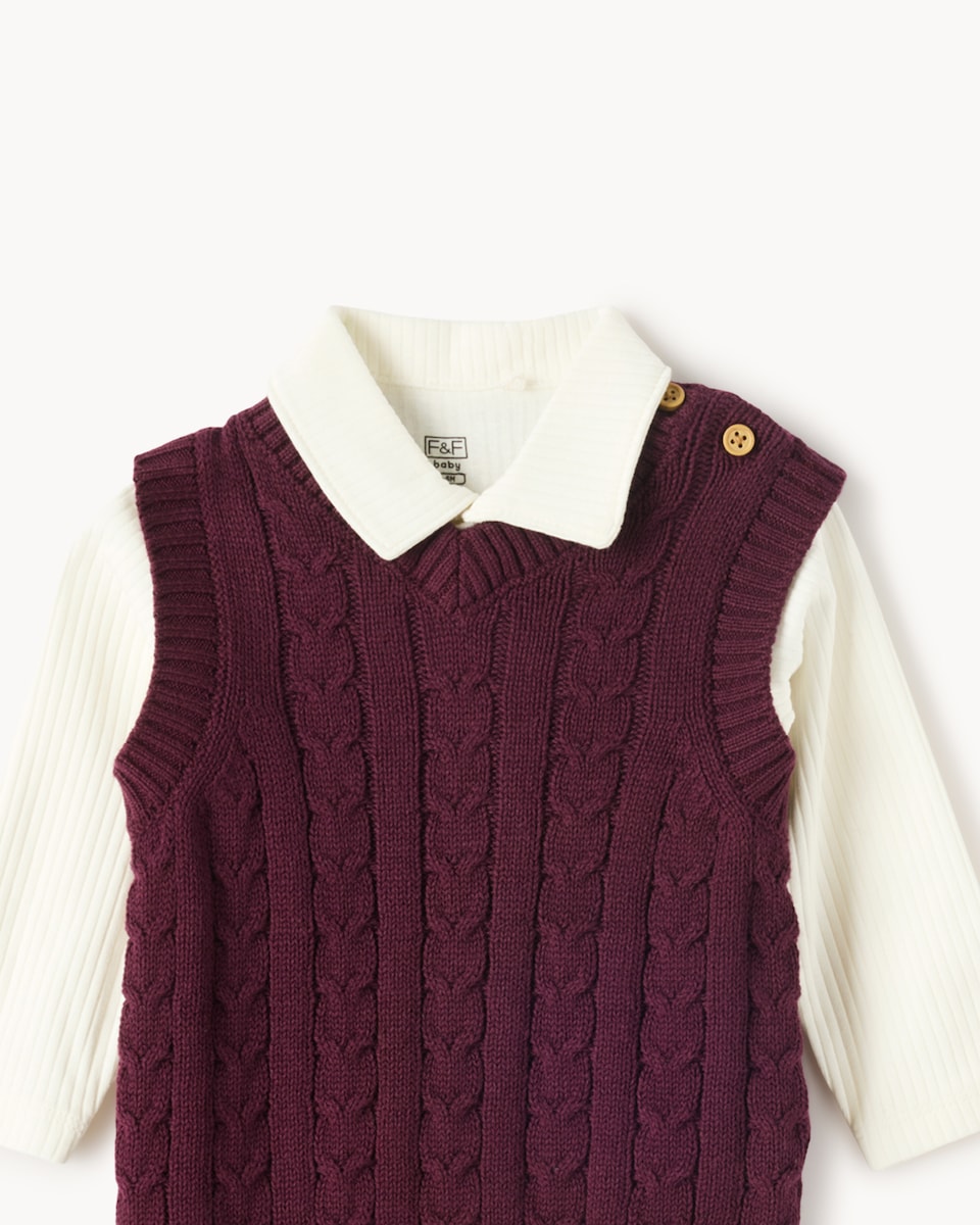 image 1 of F&F Baby Cotton Rich Knitted Vest, Bodysuit and Trousers Set in Burgundy