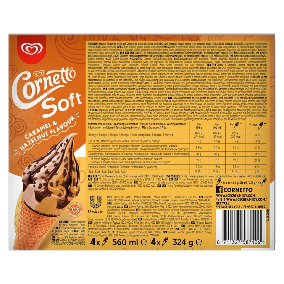 image 1 of Cornetto Soft Caramel & Hazelnut Ice Cream Cones 4x140ml
