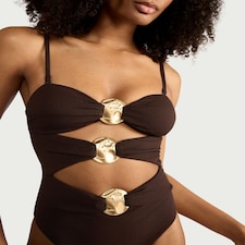 F&F Cut Out Metal Accent Bandeau Swimsuit in Brown