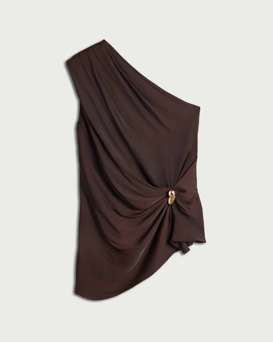 image 1 of The F&F Edit Satin One Shoulder Co-ord Top in Chocolate