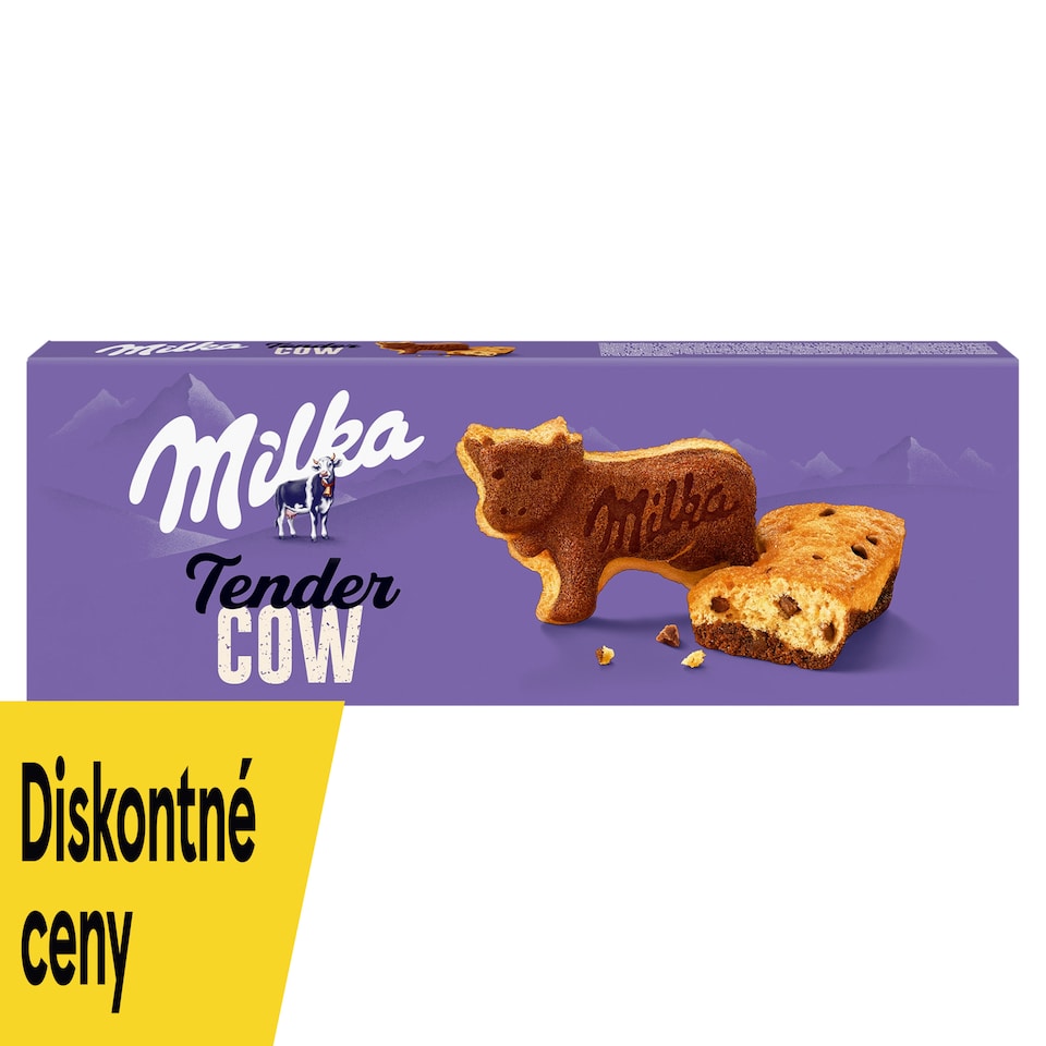Milka Tender Cow jemné pečivo s kúskami mliečnej čokolády z alpského mlieka a kakaovou vrstvou 140 g