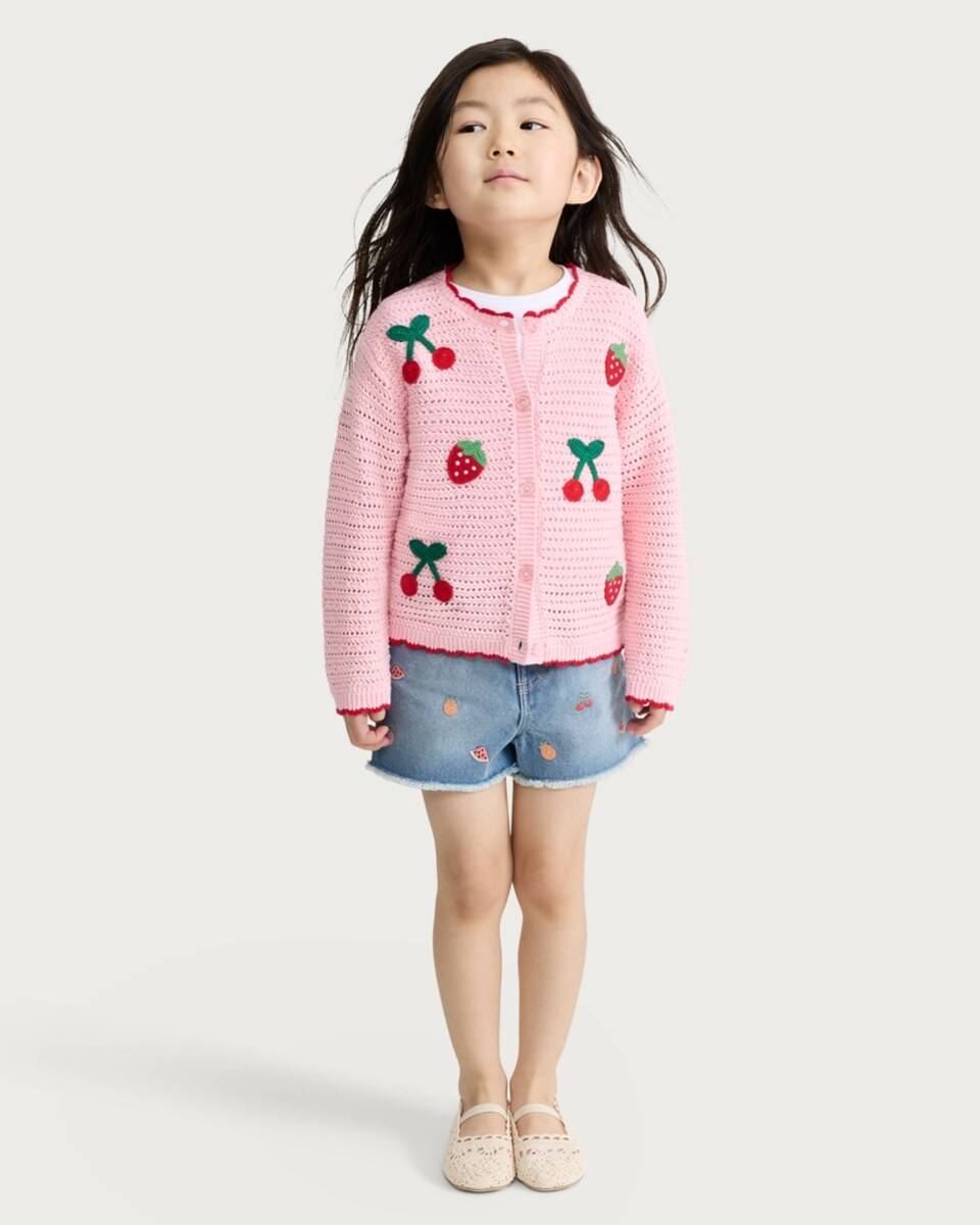 image 1 of F&F Girls Pure Cotton Knitted Fruit Cardigan in Pink