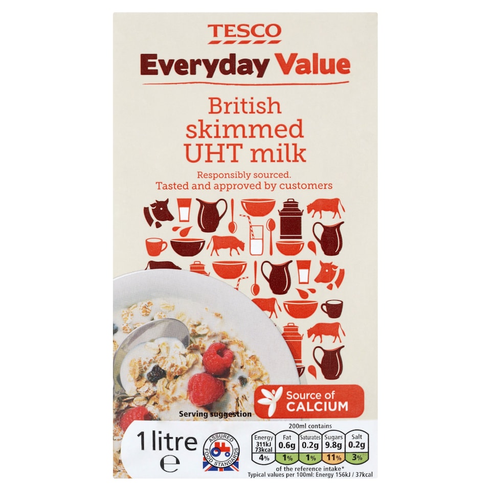 Tesco Everyday Value British Skimmed Longlife Uht Milk 1 Litre