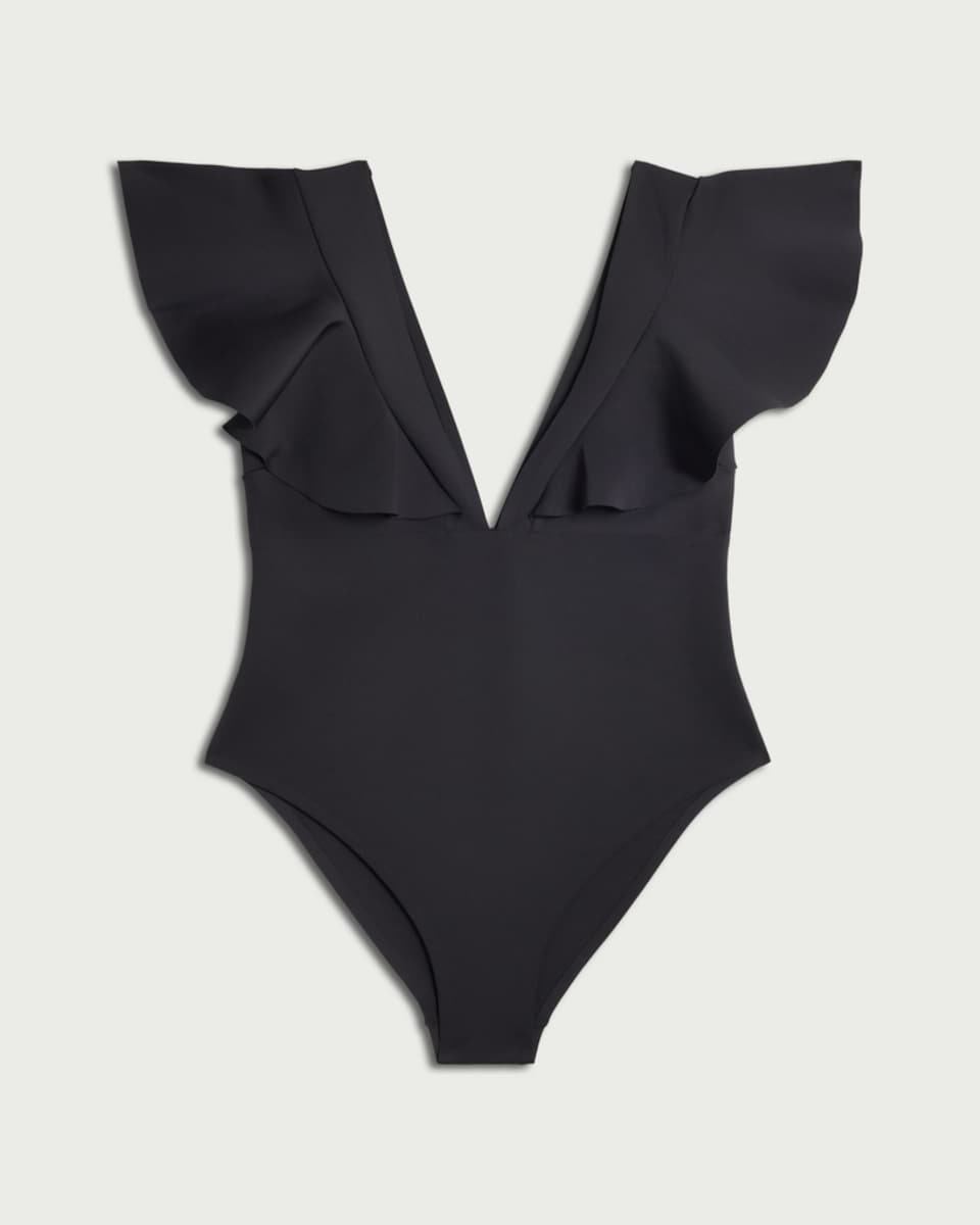 image 1 of F&F Ruffle Sleeved Plunge Swimsuit in Black