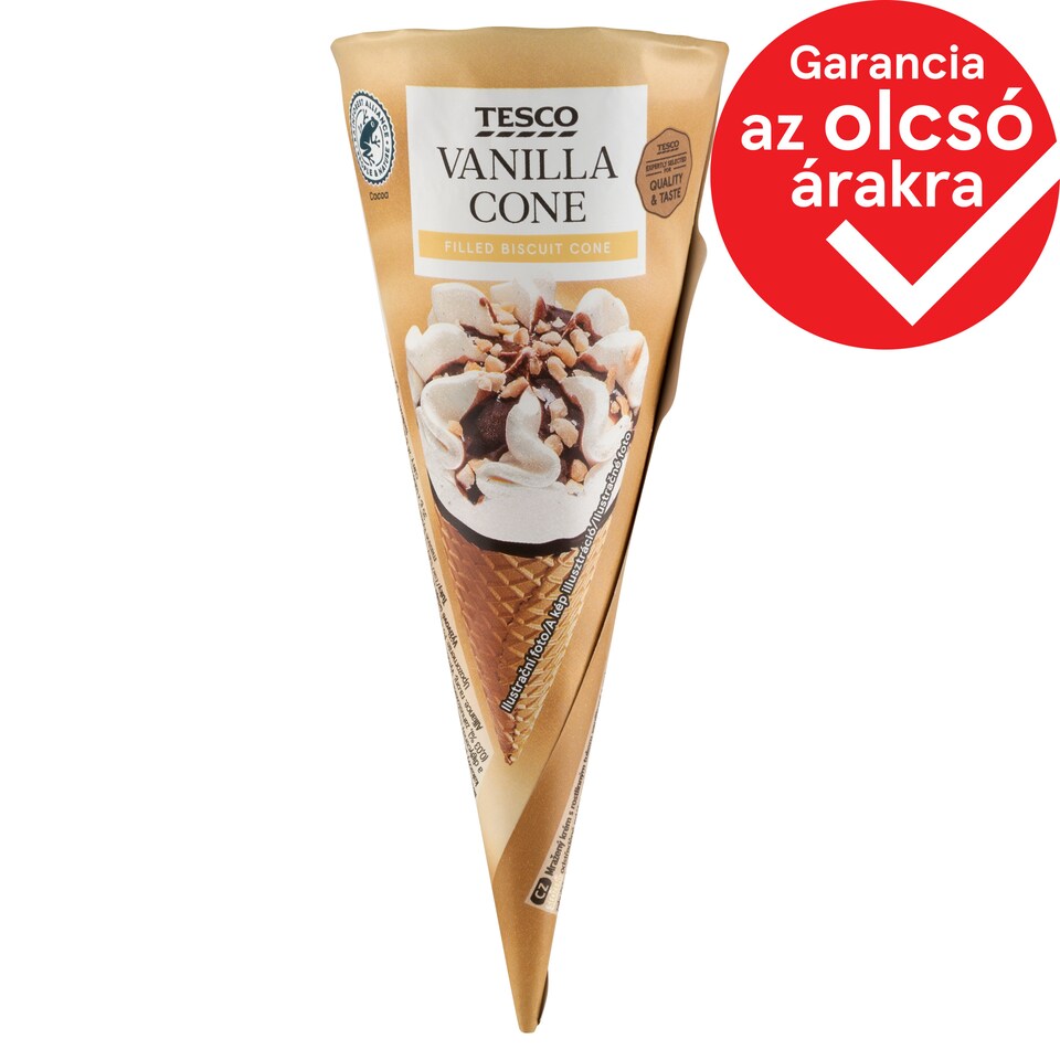 Tesco vaníliás jégkrém csokoládéízű öntettel, ostyatölcsérben, pörkölt mogyoródarabokkal 120 ml