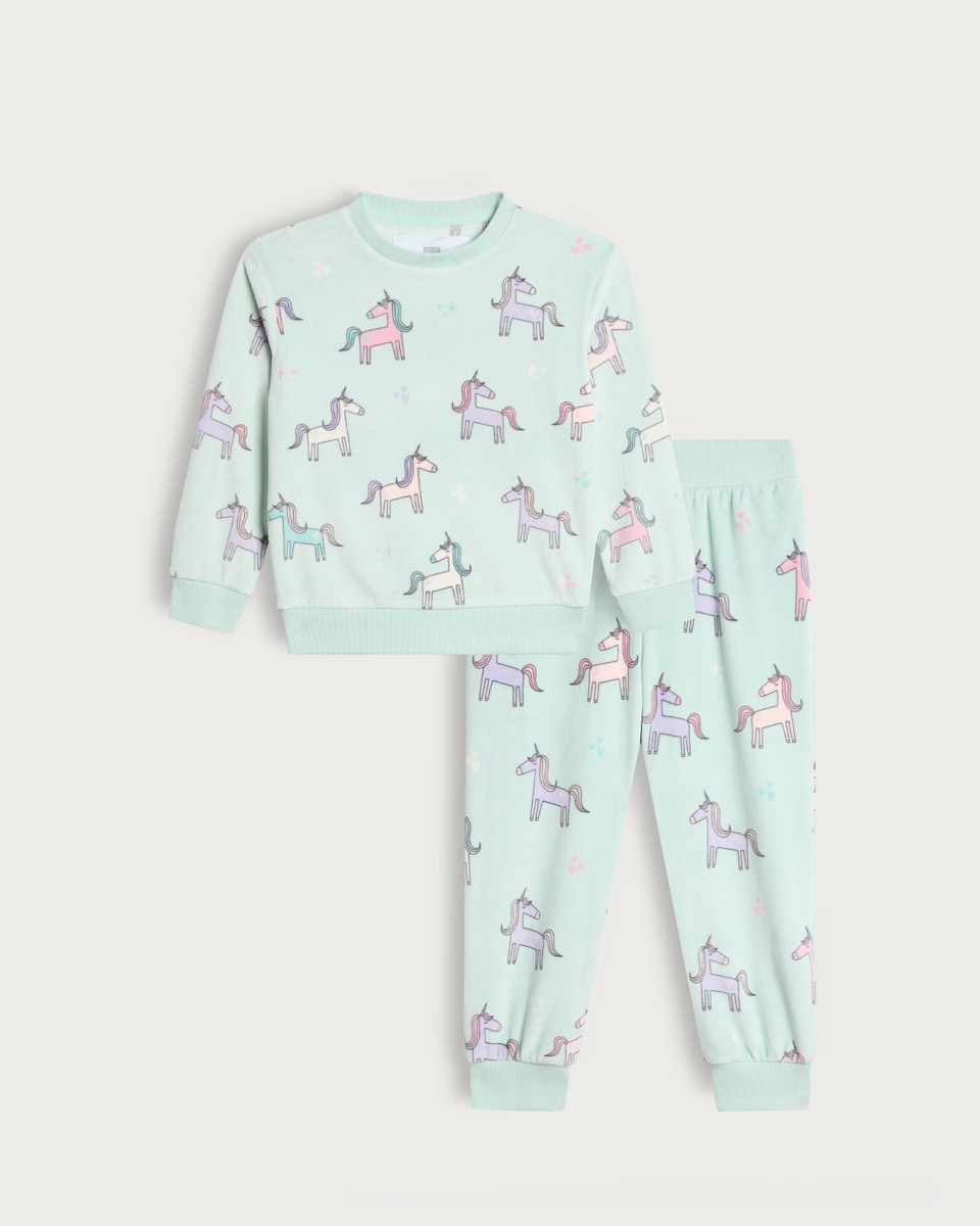 image 1 of F&F Girls Fleece Unicorn Print Pyjama Set in Green Multi
