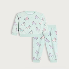 F&F Girls Fleece Unicorn Print Pyjama Set in Green Multi
