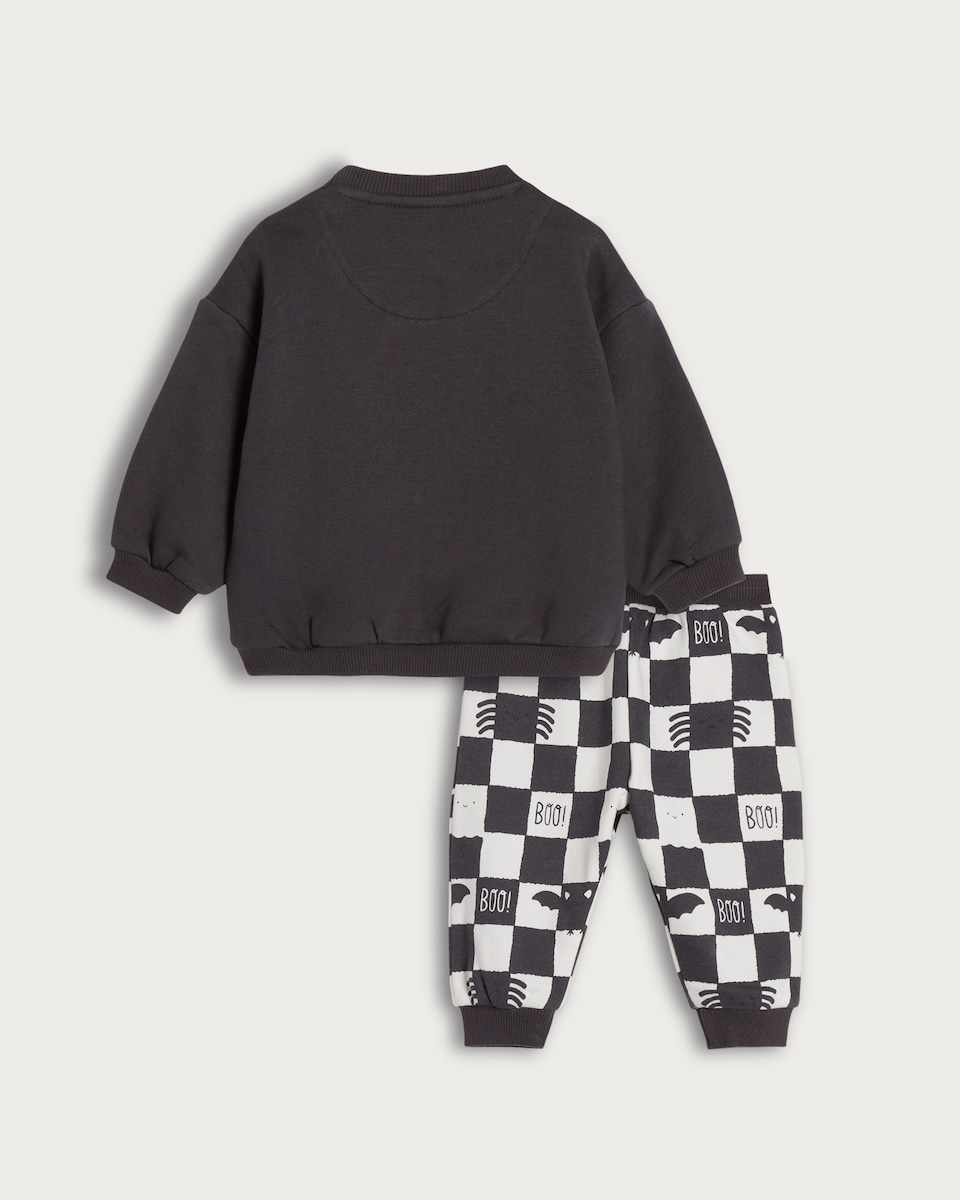 image 1 of F&F Baby 2-Piece Cotton Rich Boo Ghost Print Sweatshirt and Joggers Set in Dark Grey