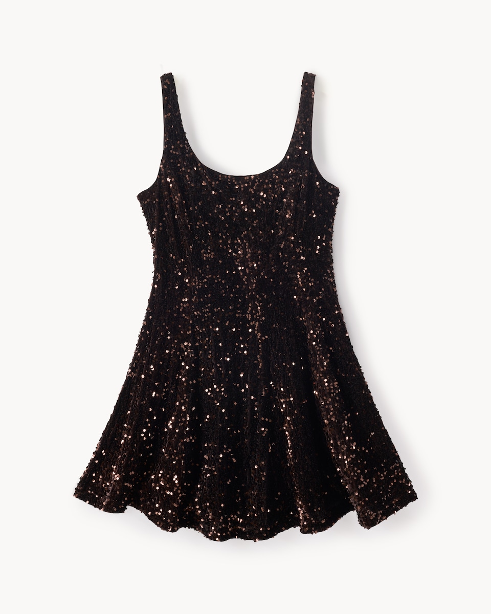 image 1 of F&F Velvet Sequin Square Neck Mini Dress in Chocolate