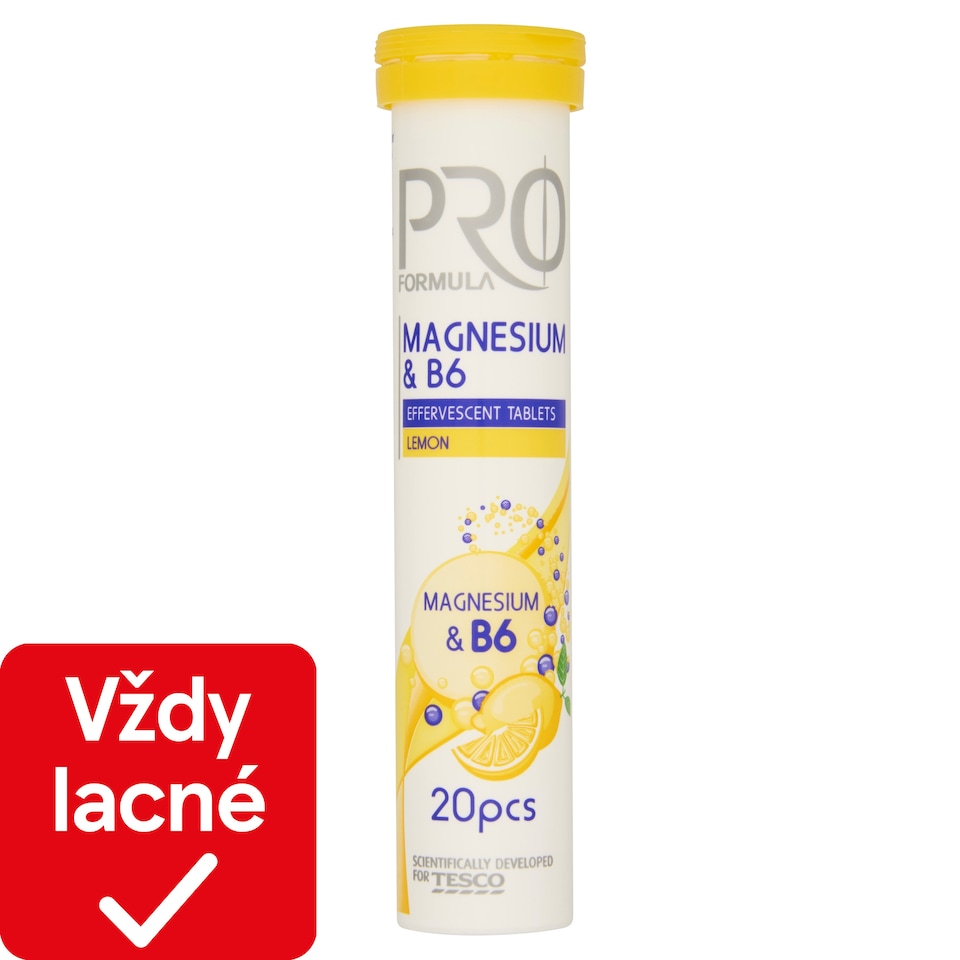 Tesco Pro Formula Šumivé tablety s magnéziom a vitamínom B6 s príchuťou citróna 20 tabliet 80 g
