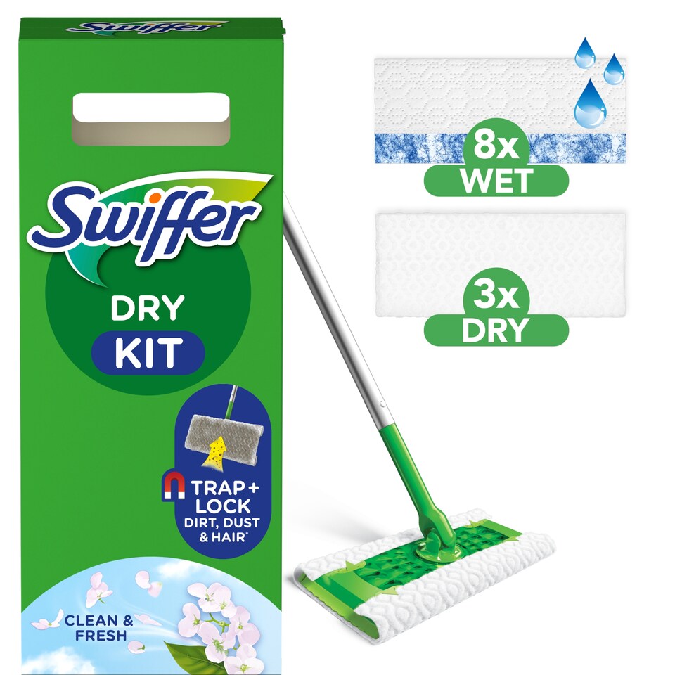 Swiffer Sweeper Startovací Sada s 1 Násadou, 8 Prachovkami a 3 Čisticími Utěrkami