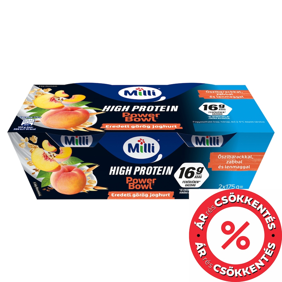 Milli Power Bowl Low-Fat Original Greek Cream Yogurt with Peaches 2 x 175 g (350 g)