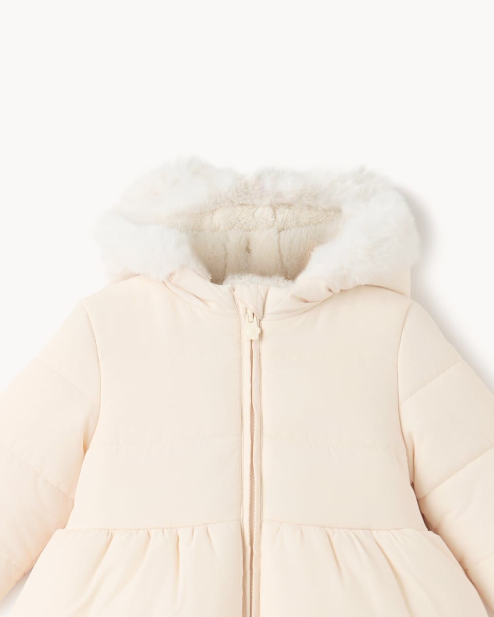 image 1 of F&F Baby Hooded Peplum Puffer Jacket in Cream