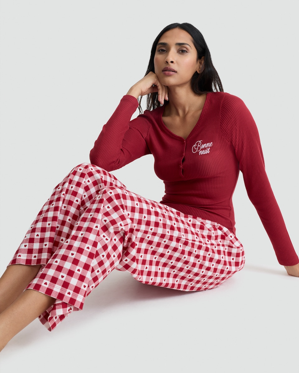 image 1 of F&F Ribbed Top and Check Wide Leg Trousers Pyjamas in Red