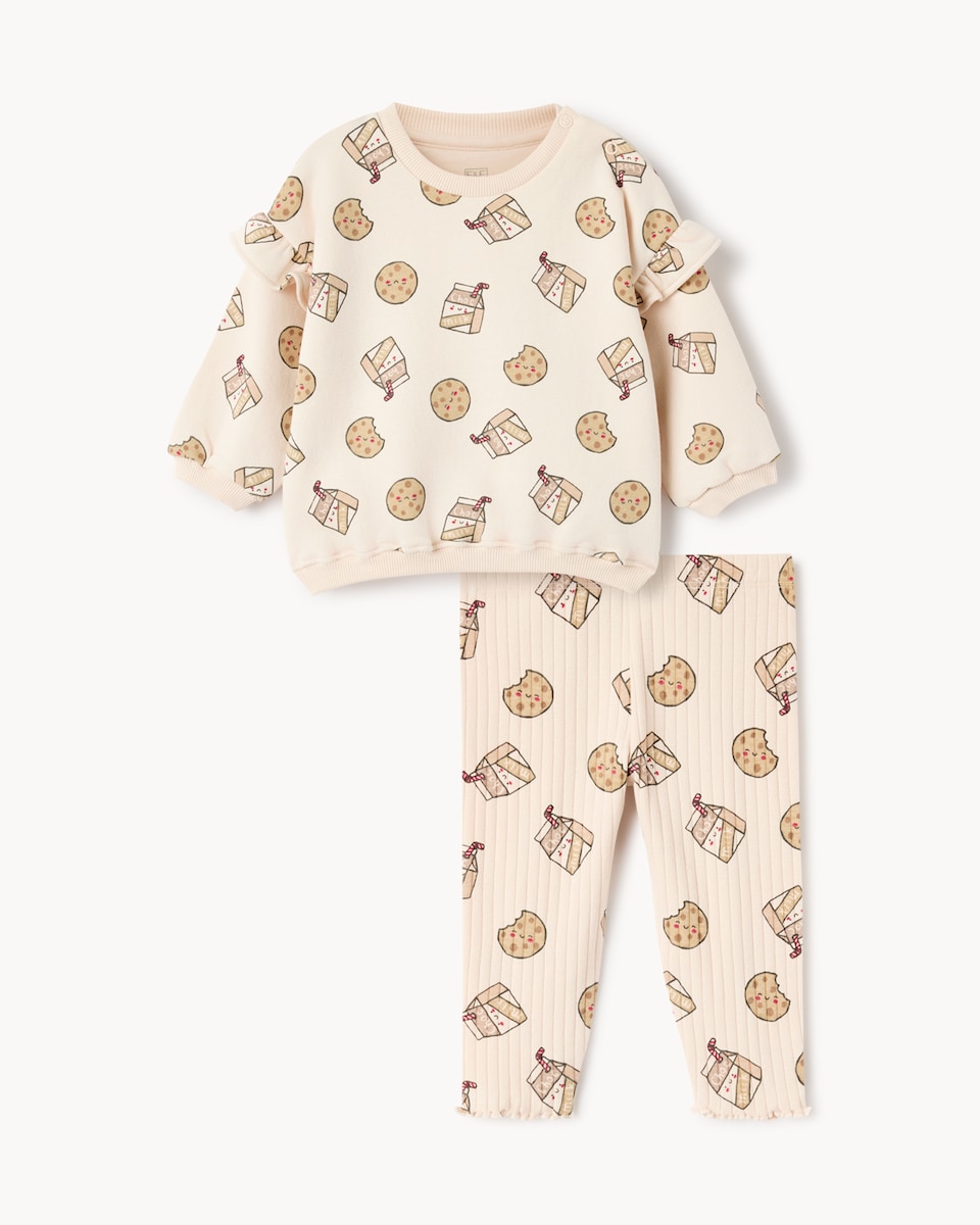 image 1 of F&F Baby Cotton Rich Printed Sweatshirt and Leggings Set in Cream