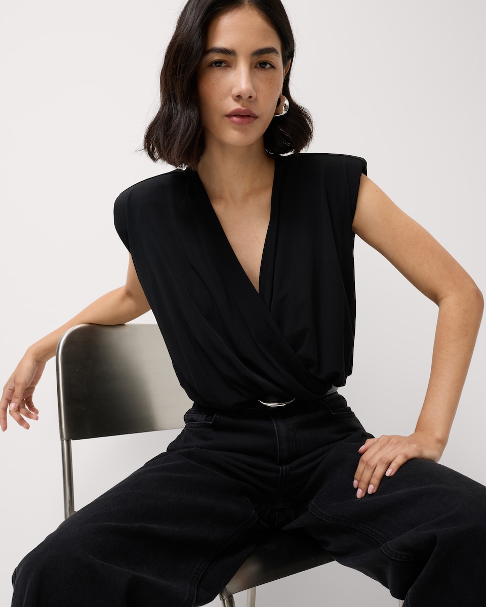 image 1 of F&F Mesh Draped Shoulder Pad Bodysuit in Black