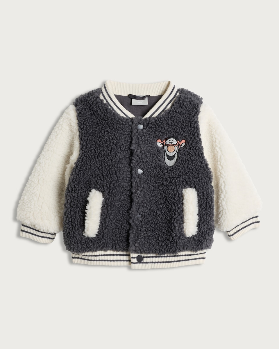 image 1 of Disney Tigger Borg Textured Bomber Jacket in Grey