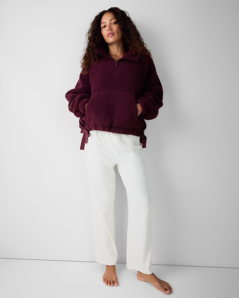 image 1 of F&F Fleece Half Zip Pyjama Top in Burgundy