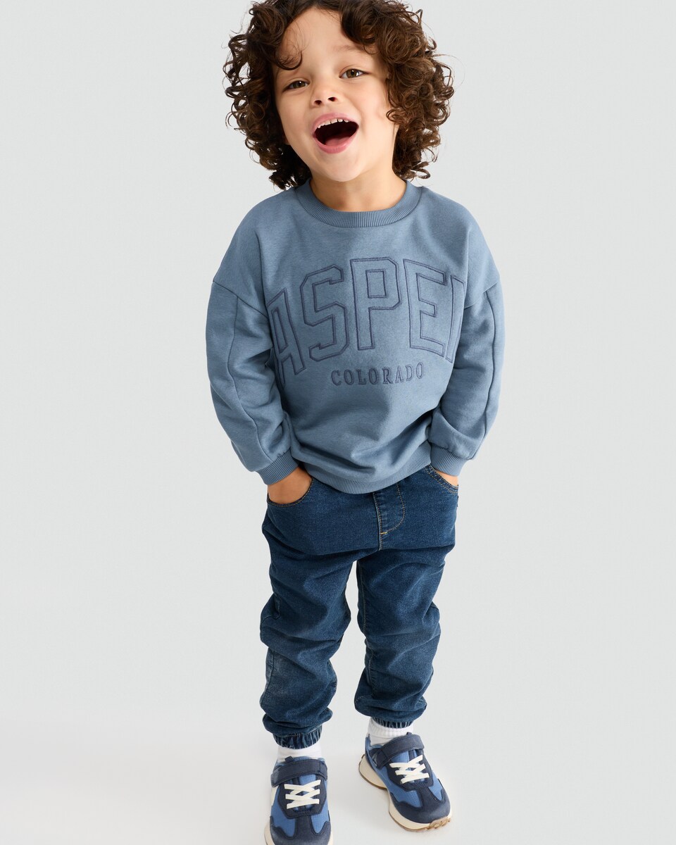 image 1 of F&F Boys Cotton Rich Aspen Colorado Slogan Sweatshirt in Blue