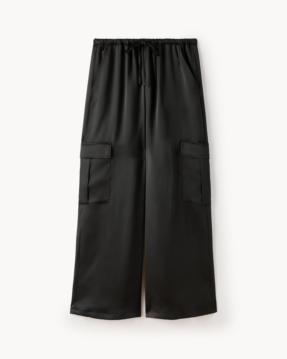 image 1 of F&F Satin Wide Leg Cargo Trousers in Black
