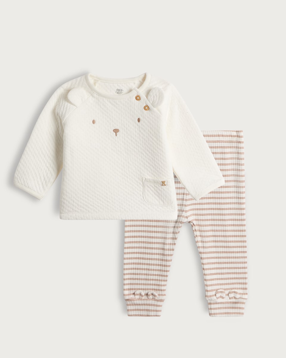 image 1 of F&F Baby 2-Piece Cotton Rich Bear Face Jumper and Leggings Set in White