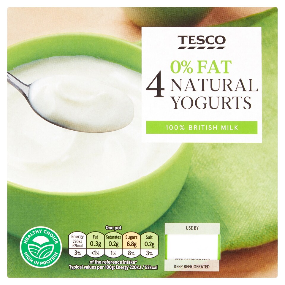 Tesco 0 Fat Natural Yoghurt 4 X 100G Tesco Groceries