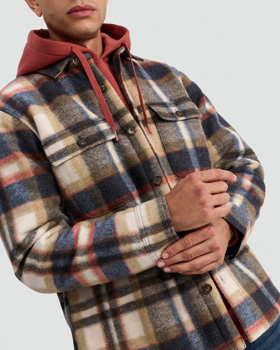 image 1 of F&F Borg Lined Check Print Button Up Overshirt in Mink