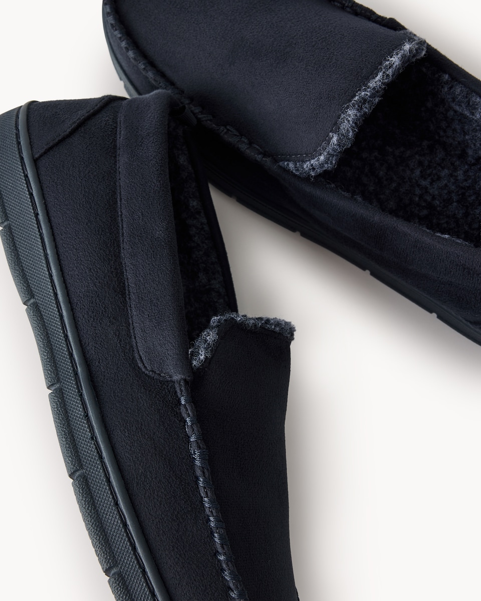 image 1 of F&F Faux Fur Lined Moccasin Slippers in Navy