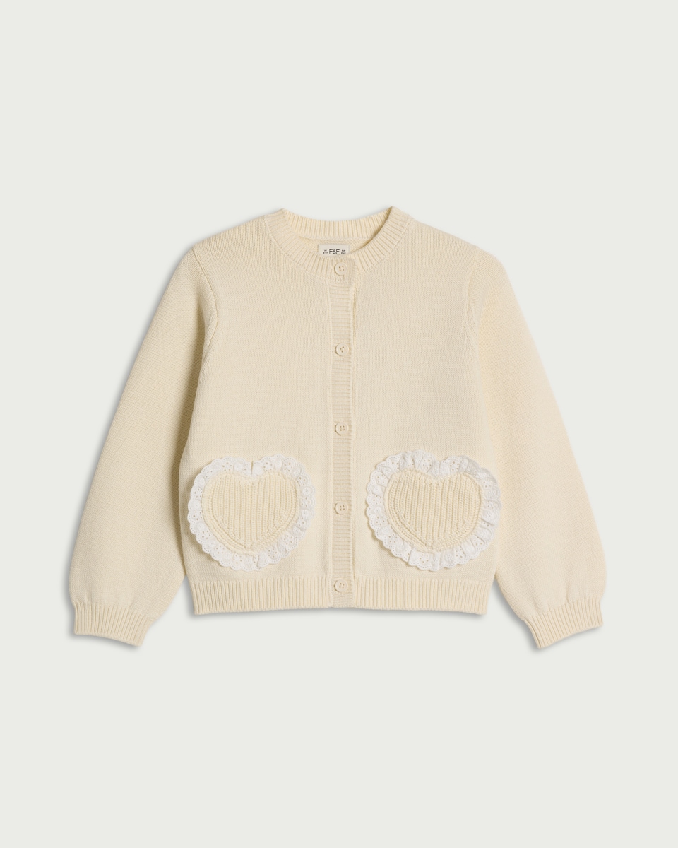 image 1 of F&F Girls Pure Cotton Lace Heart Cardigan in Cream