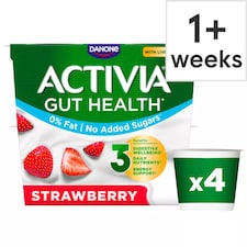 Activia Strawberry No Added Sugar Fat Free Gut Health Yoghurt Multipack 4x115g