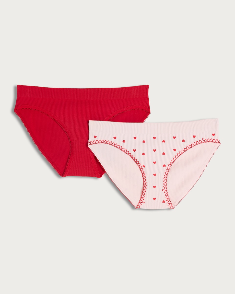 image 1 of F&F 2-Pack Ribbed Heart Print High Leg Brief Knickers in Multi