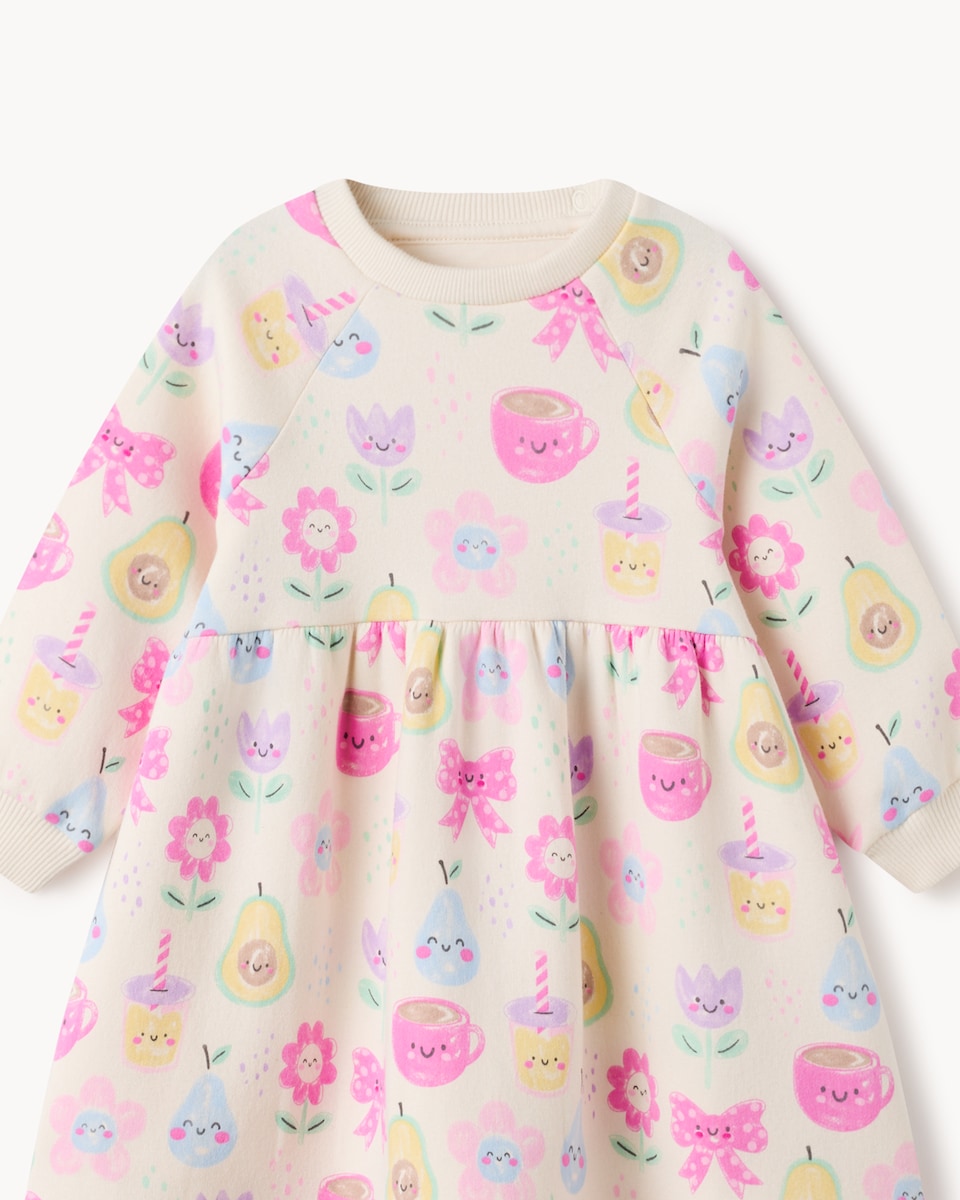 image 1 of F&F Baby Cotton Rich Printed Sweat Dress in Cream