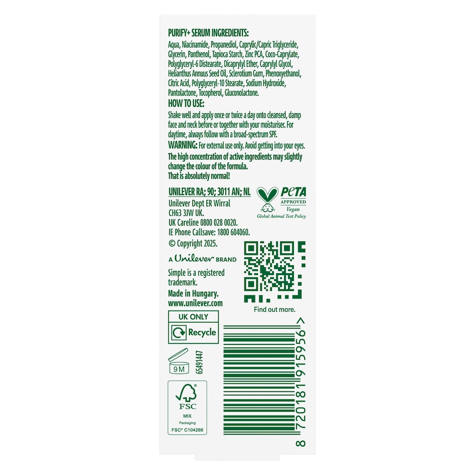 image 1 of Simple purify+ Serum 11% niacinamide + zinc + PHA 30ml