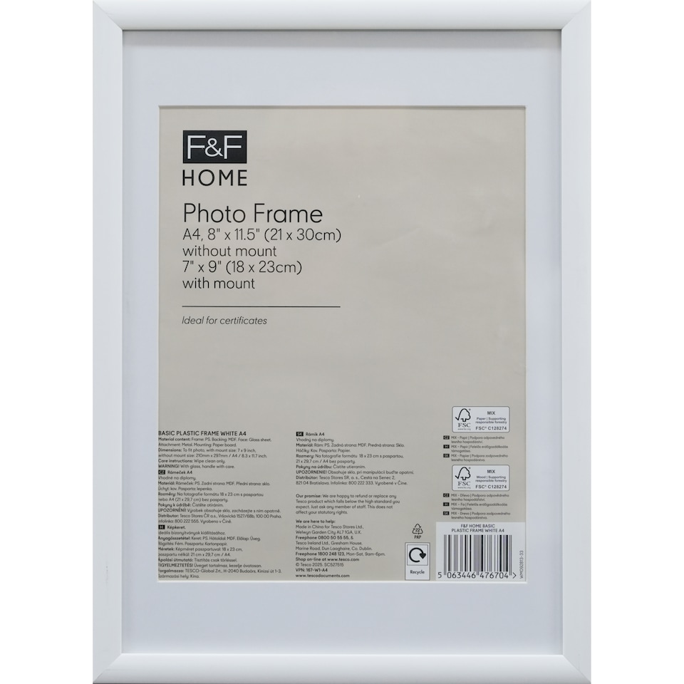 F&F Home White Basic Plastic A4 Frame