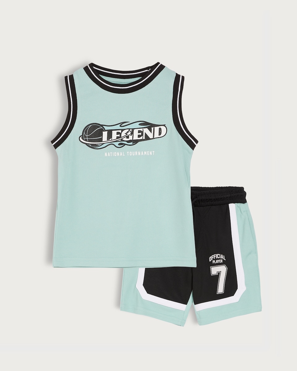 image 1 of F&F Boys Legend Basketball Vest and Shorts Set in Aqua