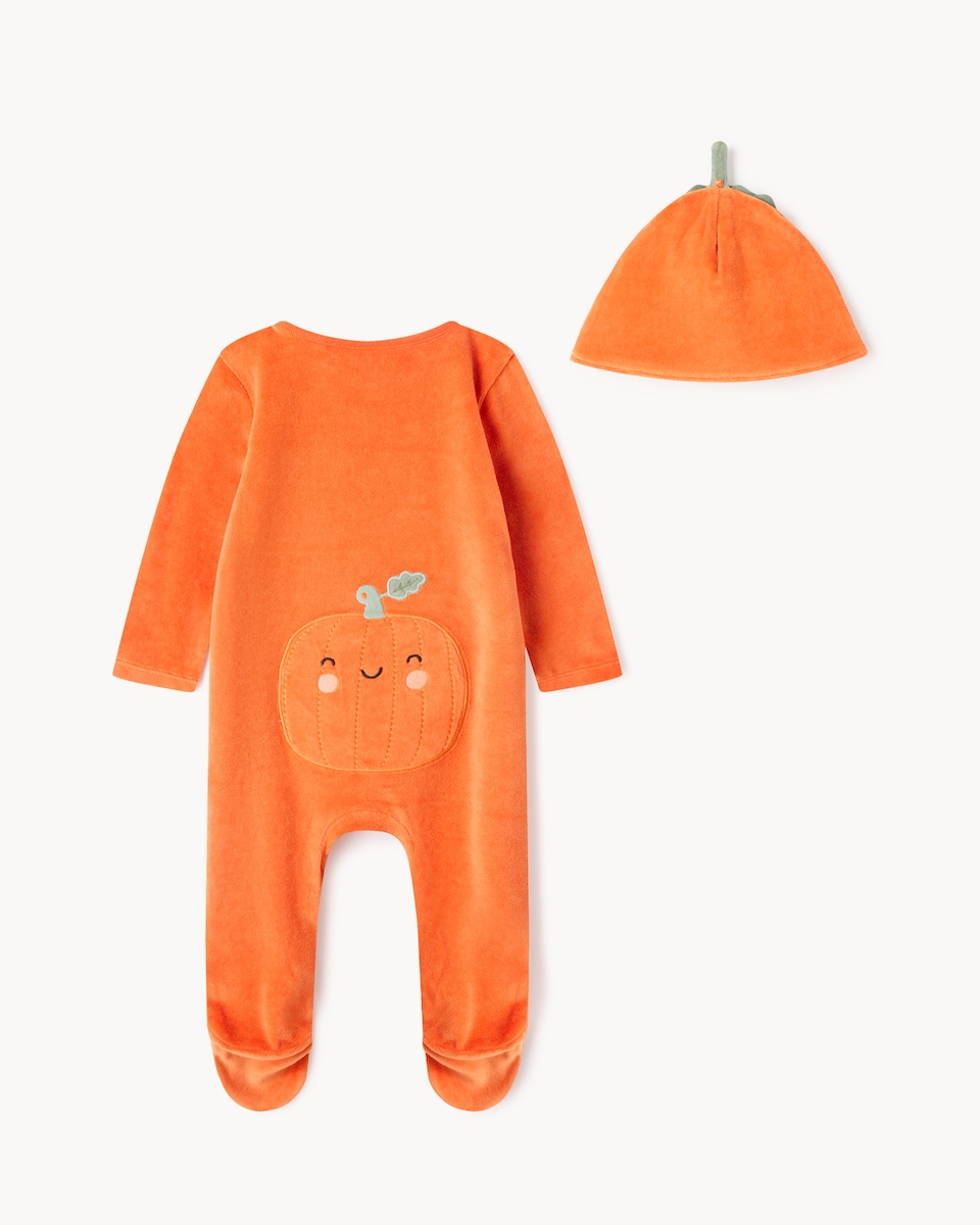 image 1 of F&F Baby Cotton Rich Halloween Pumpkin Sleepsuit and Hat Set in Brick